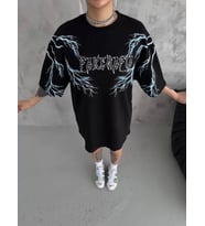 pilelistore- Unisex Bisiklet Yaka Baskılı Oversize T-Shirt - Siyah