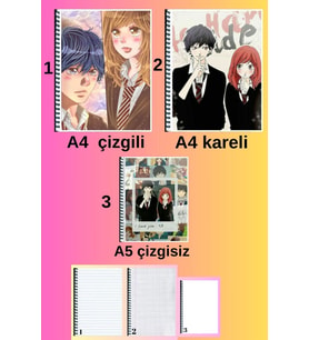 ao haru ride 3 adet defter seti A4 büyük boy 72 sayfa çizgili_kareli + A5 çizgisiz defter seti
