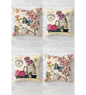 Kelebek Ve Çiçekler Desenli Vintage Gizli Fermuarlı Kırlent Kılıfı Koltuk Yastık Kılıfı Takım(4adet) (Pembe)
