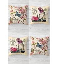 Kelebek Ve Çiçekler Desenli Vintage Gizli Fermuarlı Kırlent Kılıfı Koltuk Yastık Kılıfı Takım(4adet) (Pembe)