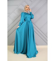 Beli Pilise Detaylı Maxi Tesettür Abiye Turkuaz