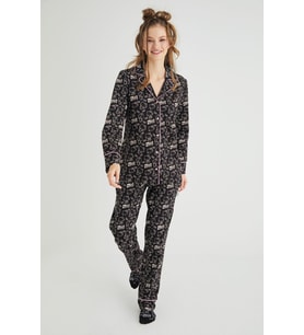 Lisanslı Düğmeli Uzun Kol Pijama Takım Roz-54 (Siyah)