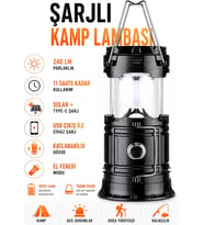 Lexroo 3 Fonksiyonlu Şarjlı Solarlı Kamp Lambası El Feneri Powerbank Özellikli Taşıma Kulplu Siyah