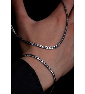 Erkek Gümüş Kolye Bileklik Set - 925 Ayar 4 mm Oksitli Ezme Gurmet Zincir Gümüş Kolye Bileklik Set 52464375454213