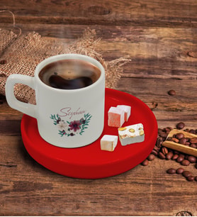 BK Gift Kişiye Özel Kırmızı Sunum Tabaklı Çiçek Tasarımlı Türk Kahvesi Fincanı Model 25