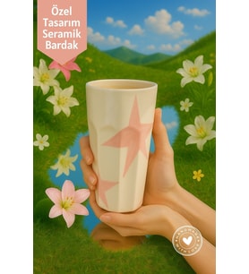 Pembe Yıldız Desenli El Yapımı Seramik Bardak – Özel Tasarım