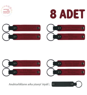 Görev Alan Öğretmenlere Özel, 8'li Set, İsme Yazılan Deri Hediyelik Anahtarlık, Kırmızı & Siyah