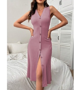 Kadın V Yakalı önden Düğmeli Kaşkorse Elbise (Pembe)