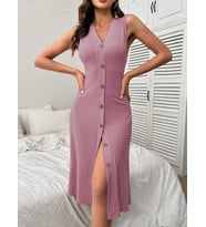 Kadın V Yakalı önden Düğmeli Kaşkorse Elbise (Pembe)