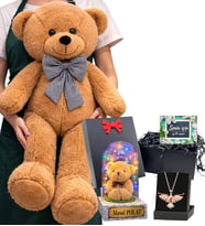 Kahve Büyük Boy Peluş Ayıcık, Size Özel Renkli Işıklı Fanus ve Anka Kuşu Kolye (Model 4)