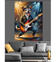 Gitar Çalan Rockstar Köpek Figürü Dekoratif Kanvas - Mdf Ahşap Tablo