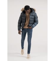 Slimfit Kürklü Kapşonlu (Kürk ve Kapşon Çıkmalı) Beli Lastikli Şişme Mont (Petrol)