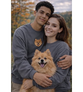 Pomeranian Köpek Desenli Sevgili Sweatshirt – Unisex Çift Kombini (Gri)