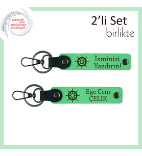 Gemi Dümeni Simgeli 2’li Anahtarlık, İsme Özel Şık Deri Set, Fıstık Yeşil-Fıstık Yeşil