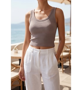 Premium Fitilli Pamuklu Esnek Kumaş Kadın Petrol Mavi Crop Atlet - U Yakalı Spor ve Şık Basic Bluz - Yumuşak Dokulu Slim Fit Yazlık Üst