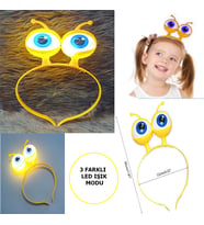 Led Işıklı & Pilli 3 Farklı Modda Yanan Uzaylı Göz Parti Tacı Sarı Renk 18x12 cm