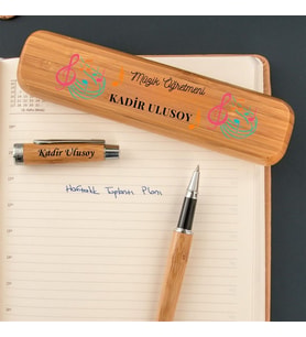 Müzik Öğretmenine Hediye İsme Özel Bambu Ahşap Roller Kalem Seti - Öğretmenler Günü Kutulu Kalem