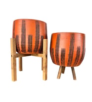 Bitki Tasarımı  Siyah Çizgi Desenli Toprak Saksı Saksılık Salon Çiçeklik İkili Set 3 Ayaklı- 4 Ayaklı- 19 CM