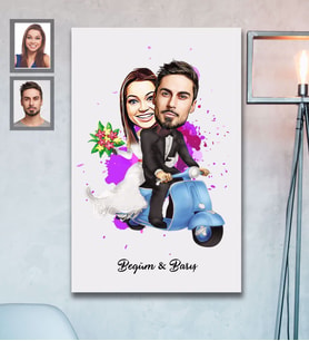 Kişiye Özel Vespa Motorcu Sevgili Karikatürlü Ahşap Tablo 30x47  Mod-4