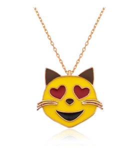 Gümüş Kalp Gözlü Kedi Emoji Bayan Kolye