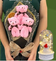 Büyük Boy 3'lü Peluş Ayıcık Buketi ve Led Işıklı Beyaz Melekli Fanus (Model 1)