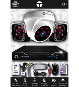 TURKNO 3 Kameralı Pania 1 İç Kamera Set 250 GB HDD Full HD Gece Görüşlü Güvenlik Kamerası Sistemi