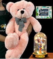 Premium Set - Büyük Boy Pembe Peluş Ayıcık ve İsimli 3 Fotoğraflı Led Işıklı Fanus (Model 9)