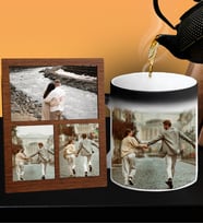 Kişiye Özel Premium Resimli Sihirli Kupa Ve Fotoğraflı 3 Resimli Kolaj Masaüstü Fotoğraf Ahşap Çerçeve