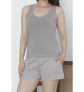 Kadın Şortlu Pijama Takımı Geniş Askılı Likrali Cepli Kaşkorse Şort VİZON