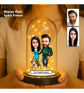 Kişiye Özel Çift Karikatür Fanus  Sevgili ve Evlilere Özel Işıklı Biblo