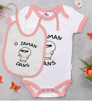 BK Kids O Zaman Dans Tasarımlı Pembe Bebek Body Zıbın ve Mama Önlüğü Hediye Seti-1