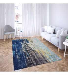 Batik Desenli Renk Geçişli Dijital Baskı Yıkanabilir Kaymaz Taban Salon Halısı ve Yolluk (Mavi)
