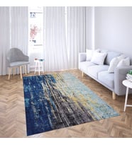 Batik Desenli Renk Geçişli Dijital Baskı Yıkanabilir Kaymaz Taban Salon Halısı ve Yolluk (Mavi)