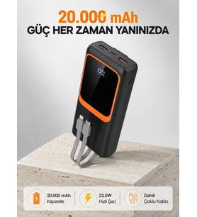 Powerbank 20000 mAh 22.5W Hızlı Şarjlı ve Kompakt Çoklu Kablo Çıkışlı