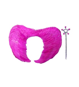 Gerçek Tüylü Katlanabilir Çocuk Pembe Melek Kanadı ve Asa Seti 40x55 cm (5343)