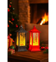 Yeni Yıl Noel Temalı 2 Li Set Işıklı Yılbaşı Feneri Çam Ağacı & Bambi Figürlü Kandili Fener 14 Cm (Çok Renkli)