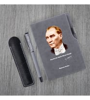 Kişiye Özel Atatürk Silüet UV Baskılı Gri Defter & Gri Roller Kalem