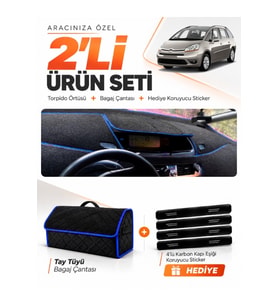CITROEN C4 GRAND PİCASSO (2007-2013) Uyumlu Torpido Örtüsü + Tay Tüyü Bagaj Çantası Seti - Siyah Mavi