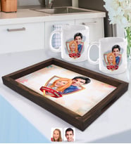 BK Gift Kişiye Özel İsimli Sevgililer Karikatürlü Doğal Ahşap Tepsi ve 2’li Kupa Bardak Seti-89