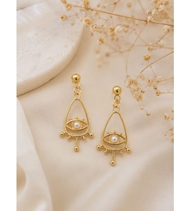 CM Jewelry Göz ve İnci Detaylı Gold Çelik Küpe