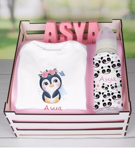eJOYA Ahşap Sandıkta Kişiye Özel Zıbın Biberon Ve Taş İsimlik Bebek Hediye Seti 109475 (Pembe)