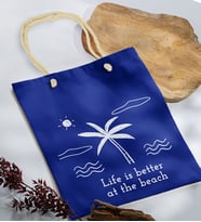 BK Gift Yaz Temalı Saks Mavi Halat Saplı Kumaş Plaj Çantası -23, Baskılı Omuz Çantası, Alışveriş Çantası, Arkadaşa Hediye, Sevgiliye Hediye