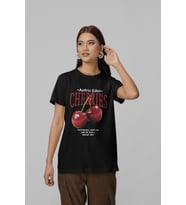 Unisex Erkek/Kadın CHERRIES Özel Baskılı Oversize Pamuklu Bisiklet Yaka T-Shirt (Siyah)