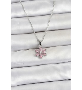 316L Çelik Zincir Gümüş Renk Pembe Zirkon Taşlı Lotus Model Kadın Kolye