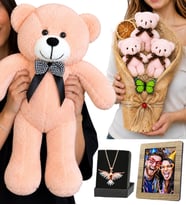 Kişiye Özel Fotoğraflı 50 cm Pembe Peluş Ayıcık, Renkli Anka Kuşu Kolye ve Pembe Peluş Ayıcık Buketi Hediye Seti