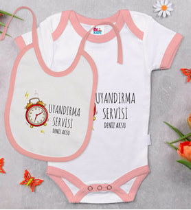BK Kids Kişiye Özel Uyandırma Servisi Tasarımlı Pembe Bebek Body Zıbın ve Mama Önlüğü Hediye Seti