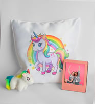 Kişiye Özel Unicorn Hediye Seti- Unicorn Tasarım Yastık- Peluş Unicorn Anahtarlık- Kişiye Özel Pembe Çerçeve