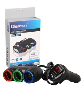 Olesson 1633 12-24V Tek USB Girişli 120W 80Cm Kablolu Dijital Voltaj Ekranlı 3 Lü Araç Çakmak Çoklayıcı