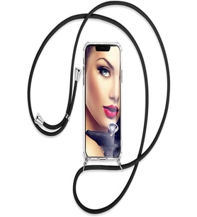 Teknomoda Apple iPhone 13 Mini Uyumlu Kılıf Boyun Omuz Askılı Köşe Korumalı Siyah Ipli Şeffaf Silikon