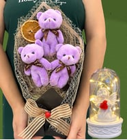 Büyük Boy 3'lü Tasarım Peluş Ayıcık Buketi ve Led Işıklı Beyaz Melekli Fanus (Model 2)